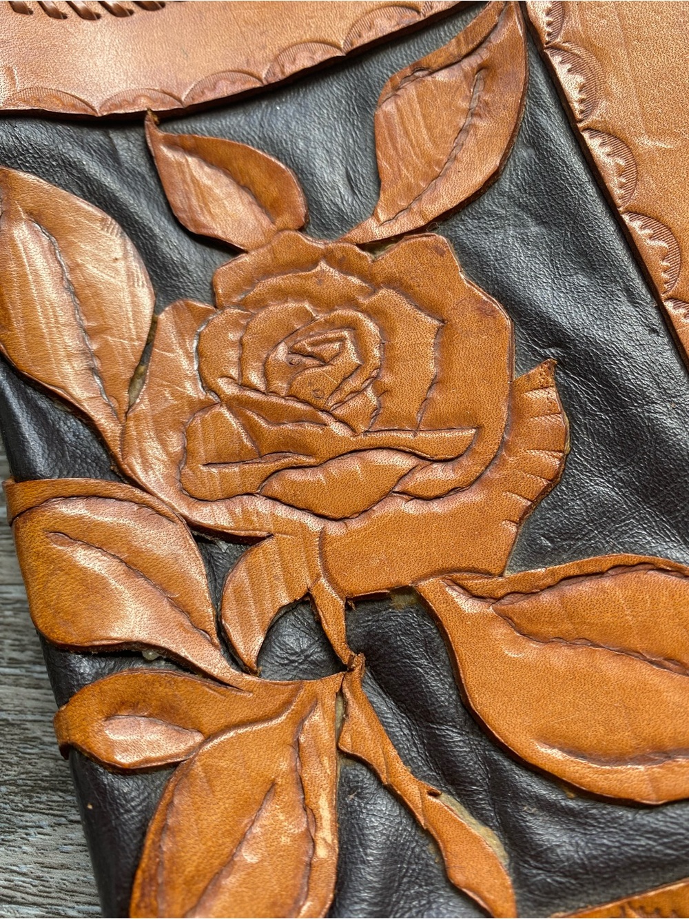 Handcrafted and Tooled Tan & Dark Brown Leather Journal/Book Cover - Picture 2 of 6